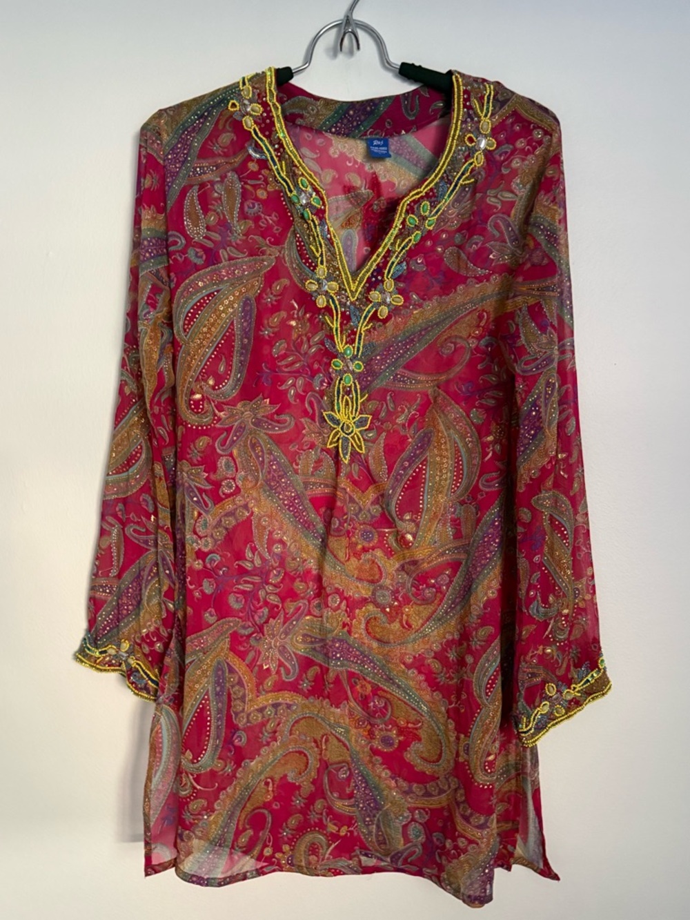 Raj 100% Silk Beaded Tunic Top Paisley Pink Boho Size L